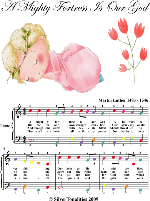 Cover image for A Mighty Fortress Is Our God Easy Piano Sheet Music with Colored Notes